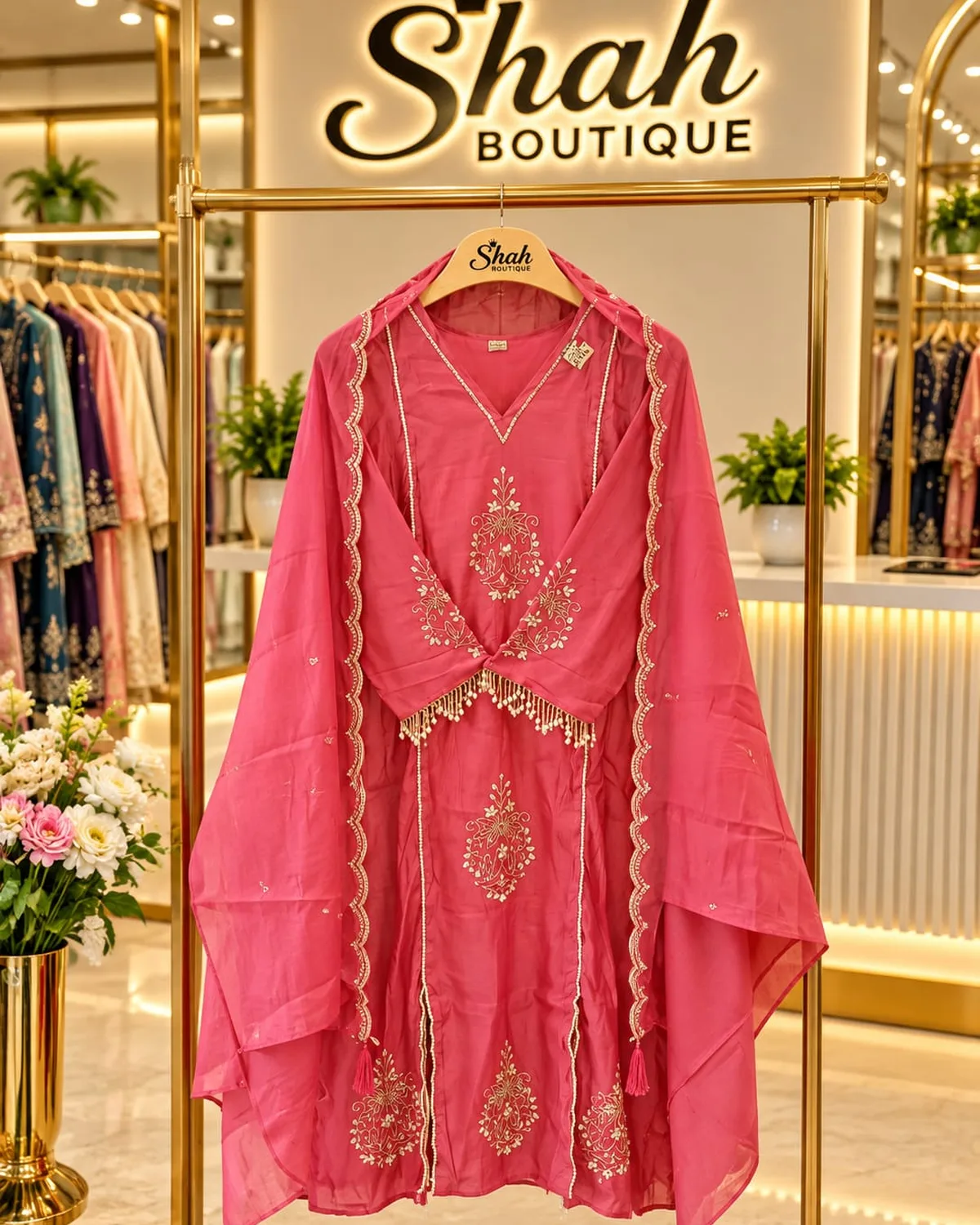 Coral Embroidered Suit Set