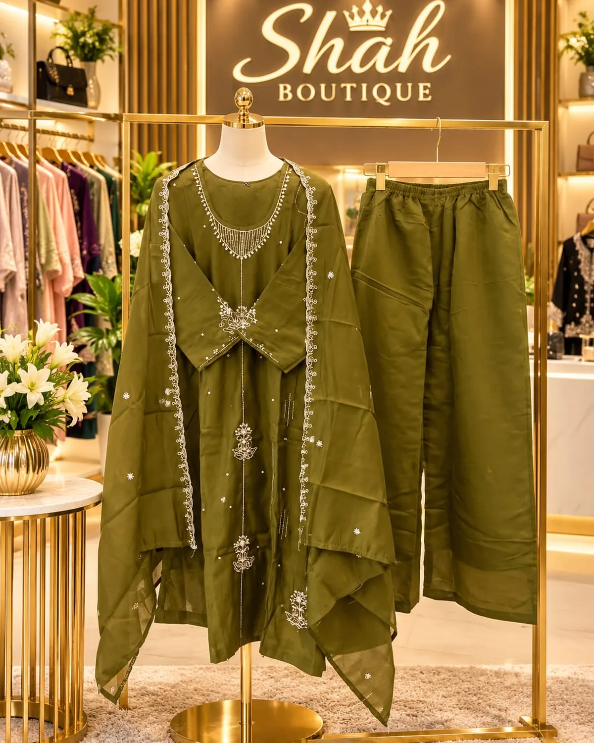 Olive Embroidered Suit Set